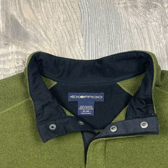 Exofficio Mens Fleece Pullover XL 1/4 Snap Long Sleeve Green Zip Shoulder Pocket - Picture 4 of 6